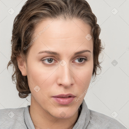 Neutral white young-adult female with medium  brown hair and grey eyes