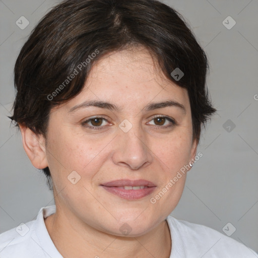 Joyful white adult female with medium  brown hair and brown eyes