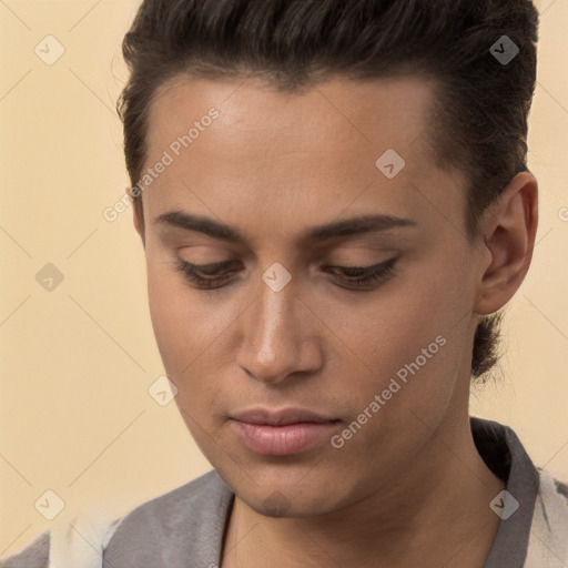 Neutral white young-adult male with short  brown hair and brown eyes