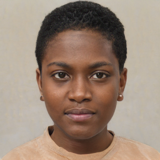 Neutral black young-adult female with short  black hair and brown eyes