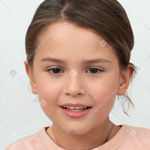 Joyful white child female with medium  brown hair and brown eyes