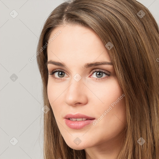 Neutral white young-adult female with long  brown hair and brown eyes