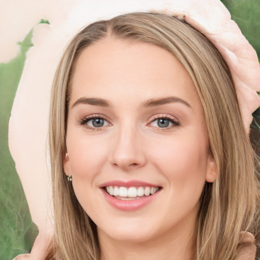 Joyful white young-adult female with long  brown hair and green eyes