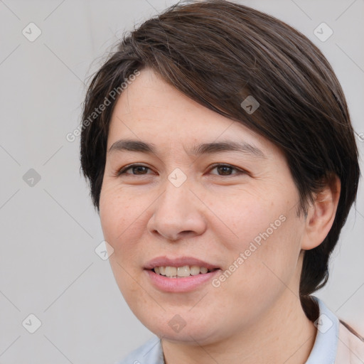 Joyful white young-adult female with medium  brown hair and brown eyes