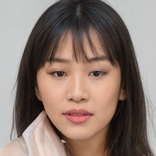Neutral asian young-adult female with long  brown hair and brown eyes