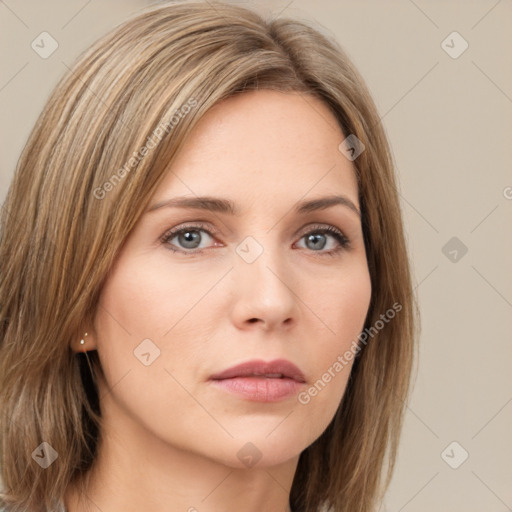 Neutral white young-adult female with medium  brown hair and grey eyes