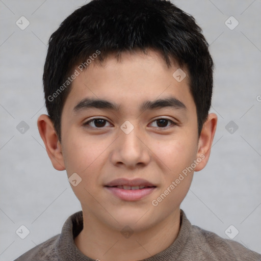 Joyful white child male with short  brown hair and brown eyes