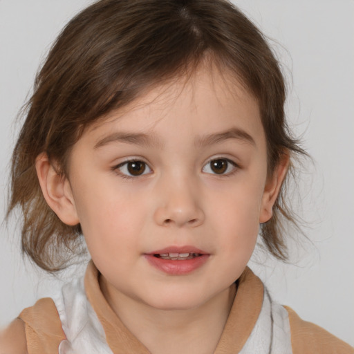 Joyful white child female with medium  brown hair and brown eyes