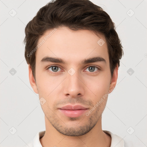 Neutral white young-adult male with short  brown hair and brown eyes