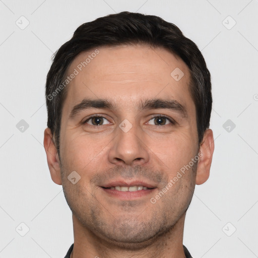 Joyful white young-adult male with short  brown hair and brown eyes