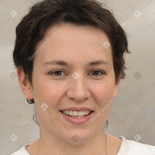 Joyful white adult female with short  brown hair and brown eyes