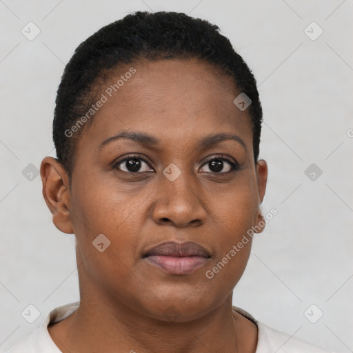 Joyful black young-adult female with short  brown hair and brown eyes