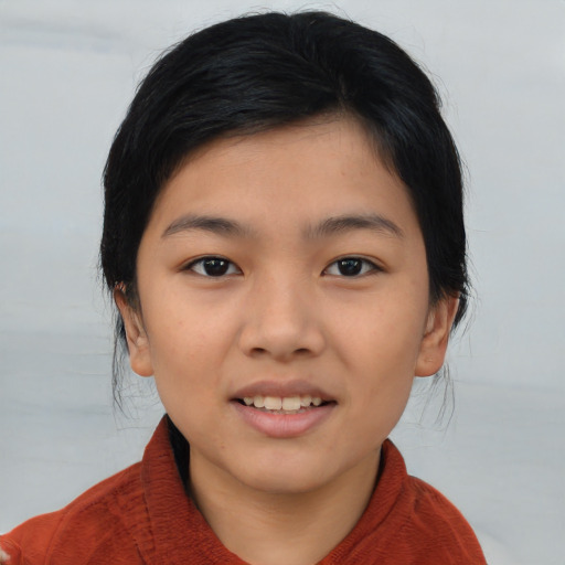 Joyful asian young-adult female with medium  black hair and brown eyes
