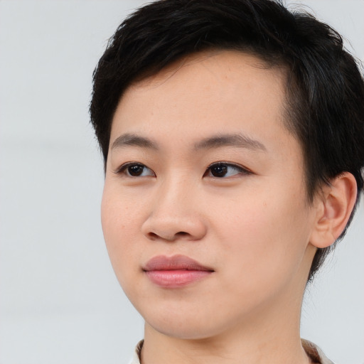 Joyful white young-adult female with short  black hair and brown eyes