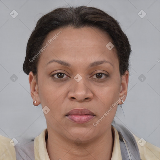 Joyful asian adult female with short  brown hair and brown eyes