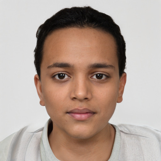 Neutral latino young-adult female with short  black hair and brown eyes