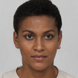 Neutral black young-adult female with short  brown hair and brown eyes