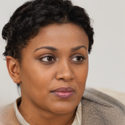Neutral black young-adult female with short  brown hair and brown eyes