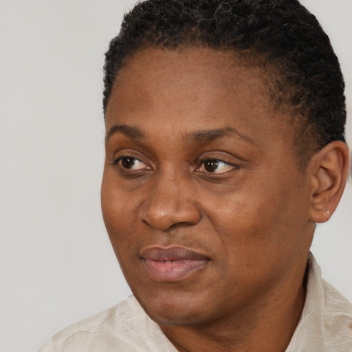 Joyful black adult female with short  black hair and brown eyes
