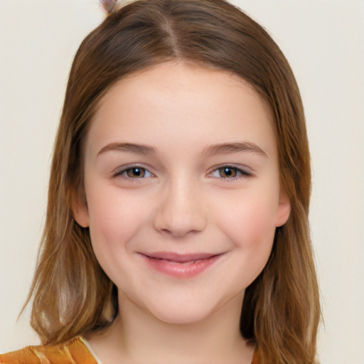 Joyful white child female with medium  brown hair and brown eyes