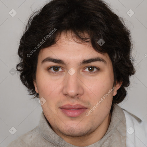 Joyful white young-adult male with medium  brown hair and brown eyes