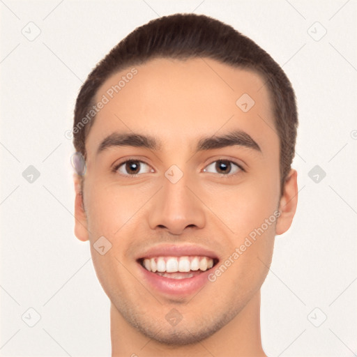 Joyful white young-adult male with short  black hair and brown eyes