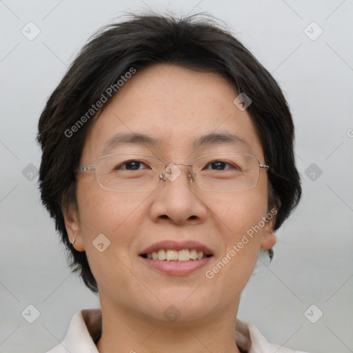 Joyful white adult female with short  brown hair and brown eyes