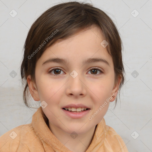 Joyful white child female with medium  brown hair and brown eyes