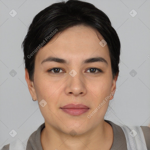 Joyful white young-adult female with short  black hair and brown eyes