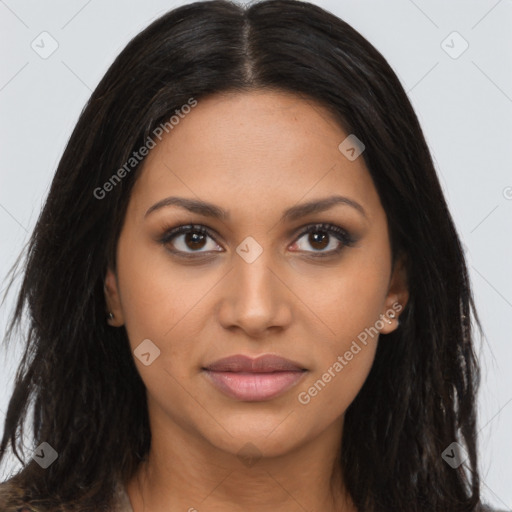 Joyful latino young-adult female with long  brown hair and brown eyes