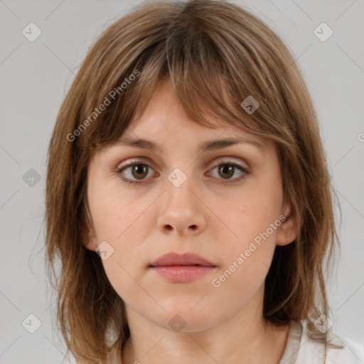 Neutral white young-adult female with medium  brown hair and brown eyes