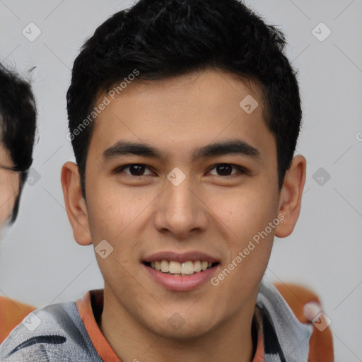 Joyful latino young-adult male with short  brown hair and brown eyes