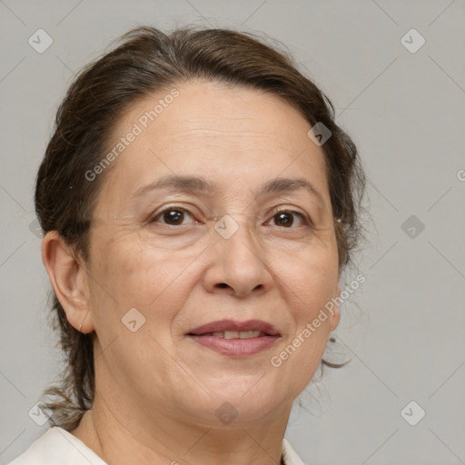 Joyful white adult female with medium  brown hair and brown eyes