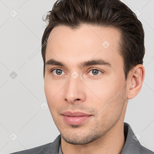 Neutral white young-adult male with short  brown hair and brown eyes