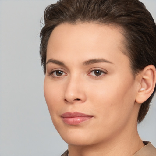 Neutral white young-adult female with medium  brown hair and brown eyes