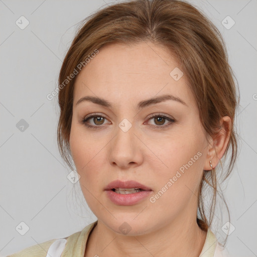 Neutral white young-adult female with medium  brown hair and brown eyes