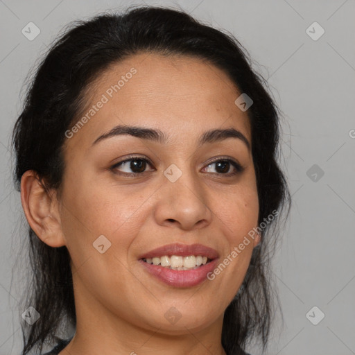 Joyful latino young-adult female with medium  brown hair and brown eyes