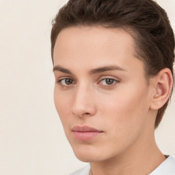 Neutral white young-adult female with short  brown hair and brown eyes