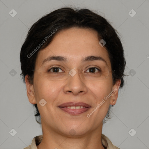 Joyful white adult female with short  brown hair and brown eyes