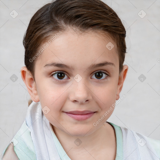 Joyful white child female with short  brown hair and brown eyes