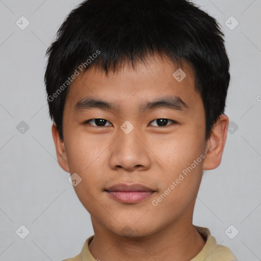 Neutral asian young-adult male with short  brown hair and brown eyes