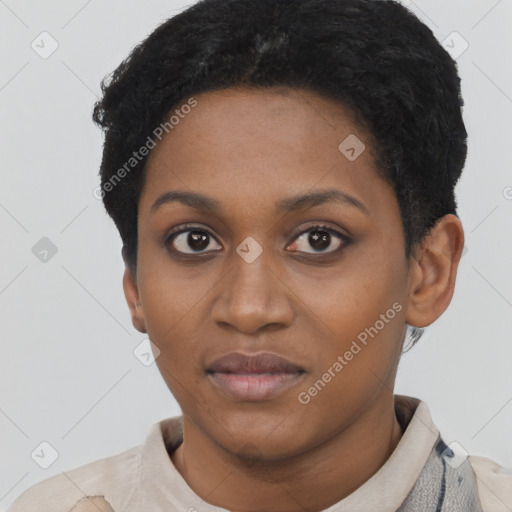 Neutral black young-adult female with short  black hair and brown eyes