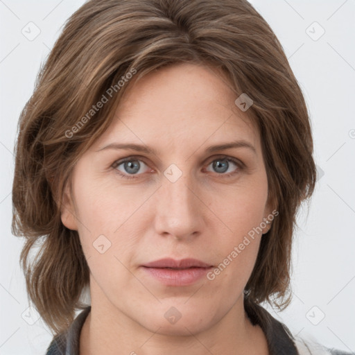 Neutral white young-adult female with medium  brown hair and grey eyes