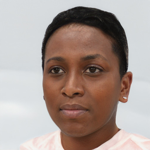 Neutral asian young-adult female with short  brown hair and brown eyes