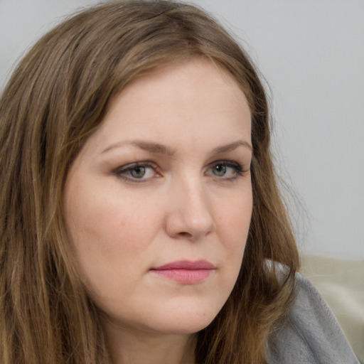 Neutral white young-adult female with long  brown hair and grey eyes