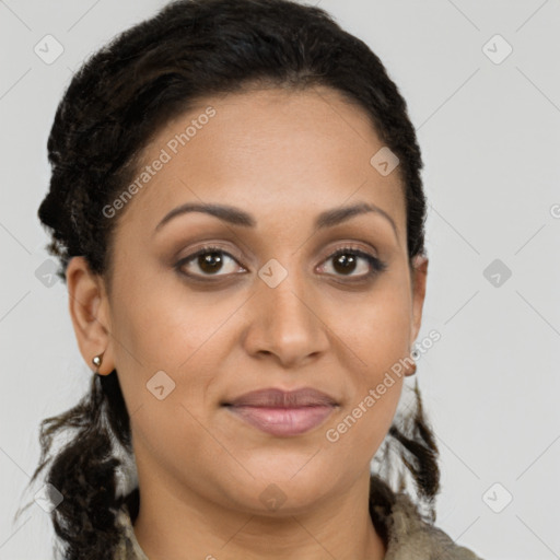 Joyful latino young-adult female with medium  brown hair and brown eyes