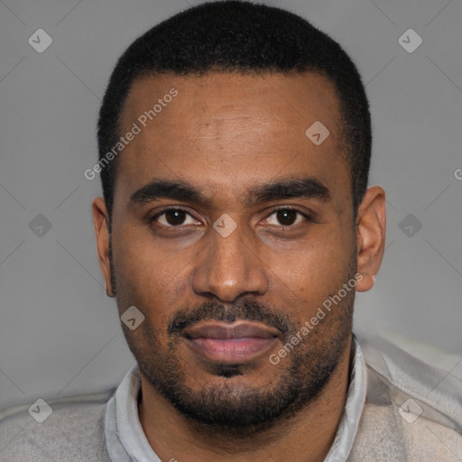 Neutral black young-adult male with short  black hair and brown eyes