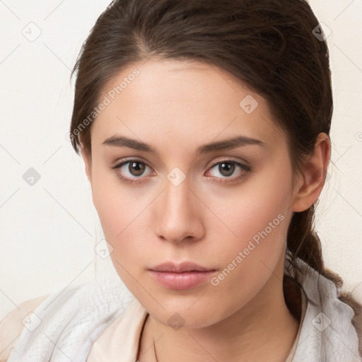 Neutral white young-adult female with medium  brown hair and brown eyes