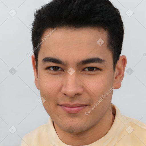 Joyful asian young-adult male with short  brown hair and brown eyes