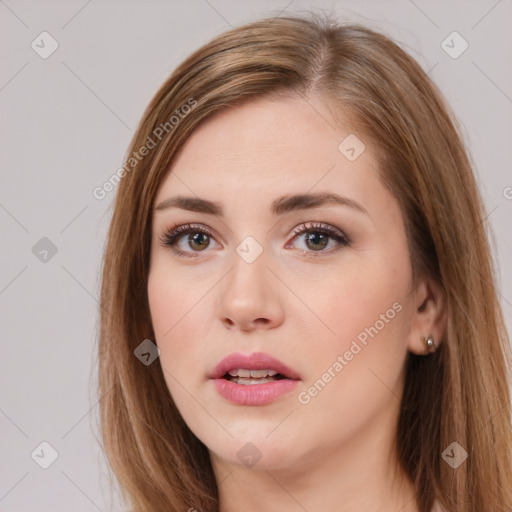 Neutral white young-adult female with long  brown hair and brown eyes